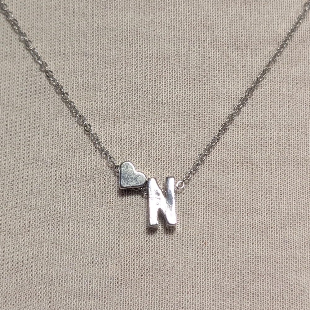Heart and Initial 'N' Silver Necklace